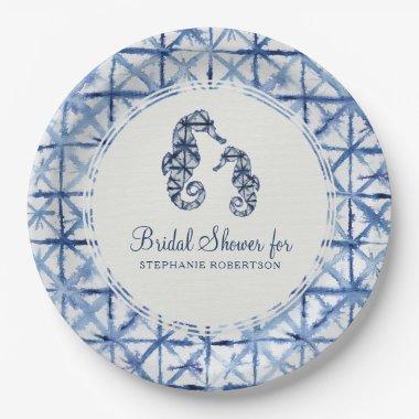Bridal Shower Modern Beach Seahorse Indigo Shibori Paper Plates