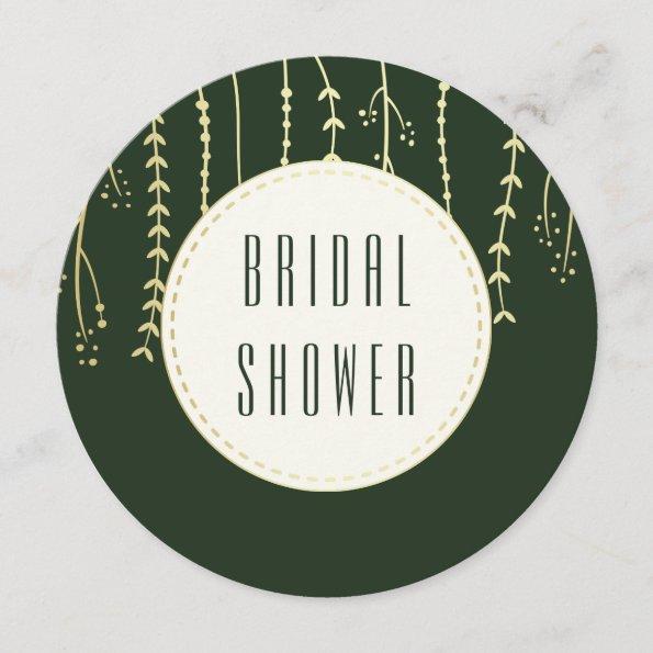 Bridal Shower | Modern Golden Fronds on Dark Green Invitations