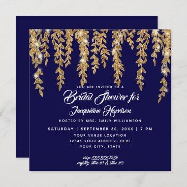 Bridal Shower Modern Navy Gold Twinkle Lights Invitations
