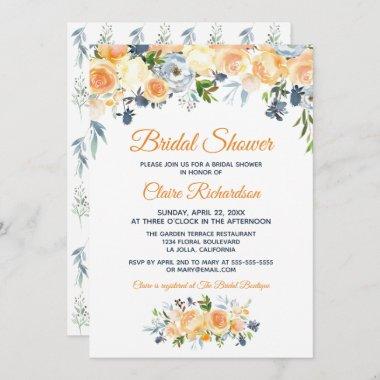 Bridal Shower Navy Blue Coral Watercolor Floral Invitations