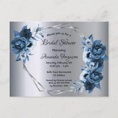 Bridal shower navy blue florals silver invitation postInvitations