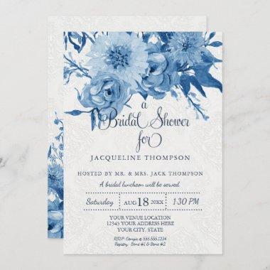 Bridal Shower Navy Blue White Chintz Damask Floral Invitations