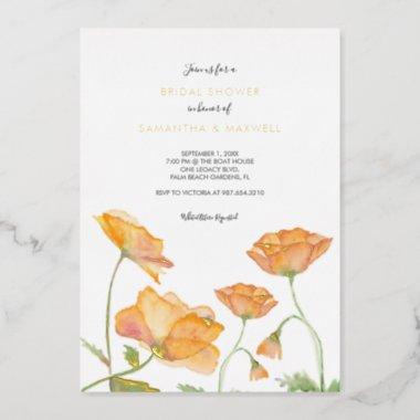 Bridal Shower Orange Floral Watercolor Foil Invita Foil Invitations