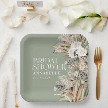 Bridal shower pampas modern elegant sage green paper plates