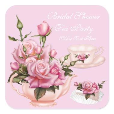 Bridal Shower Party Pink Rose Floral Teapot 3 Square Sticker