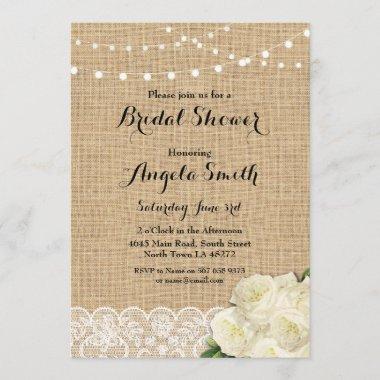 Bridal Shower Party Rose Burlap Lace Lights Invite