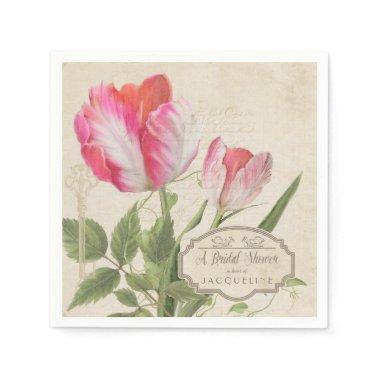 Bridal Shower Pink Vintage Script Parrot Tulip Art Paper Napkins
