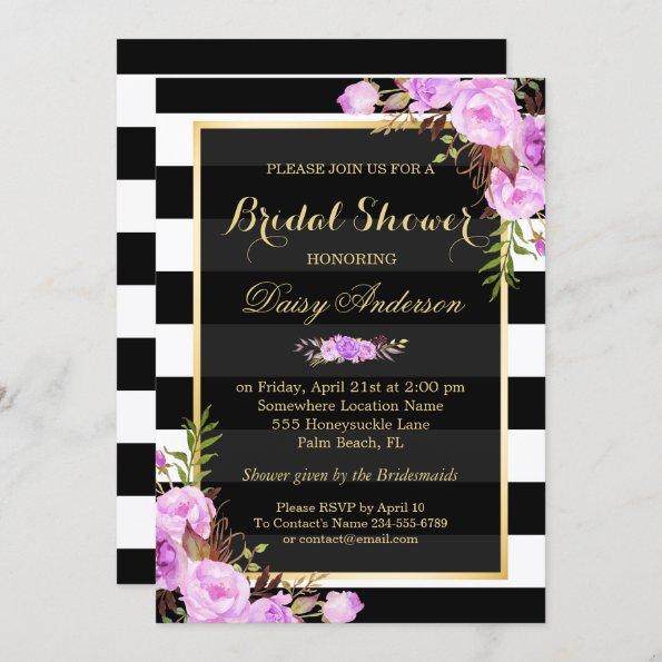Bridal Shower Purple Floral Gold Frame Stripes Invitations