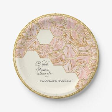 Bridal Shower Rose Gold Glitter Marble Hexagonal Paper Plates