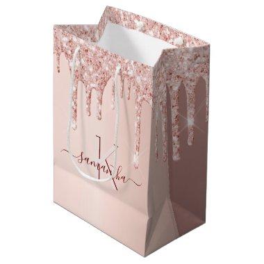 Bridal Shower rose gold glitter pink monogram Medium Gift Bag