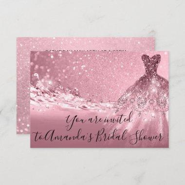 Bridal Shower Rose Pink Dress Glitter Ocean Invitations