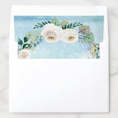 Bridal Shower Rustic White Roses Wreath Aqua Blue Envelope Liner