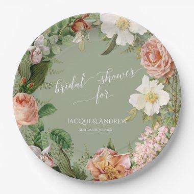 Bridal Shower Sage Blush Ivory Peony Rose Wreath Paper Plates
