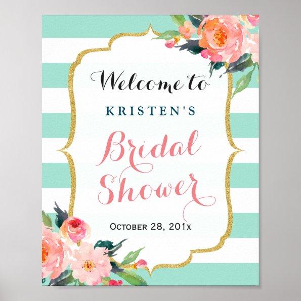Bridal Shower Sign Modern Floral Mint Green Stripe