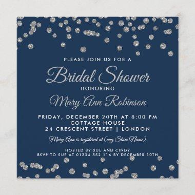 Bridal Shower Silver Faux Glitter Confetti Navy Invitations