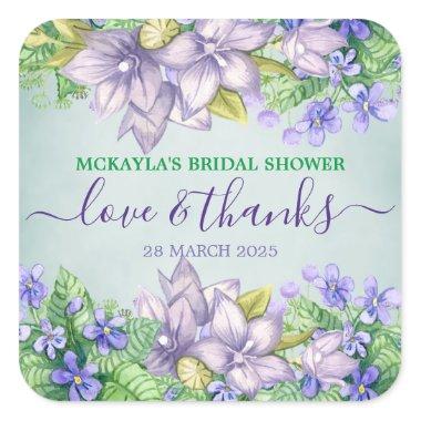 Bridal Shower Spring Wedding Watercolor Violets Square Sticker