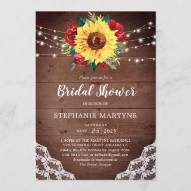 Bridal Shower Sunflower Lace Red Floral Rustic Invitations