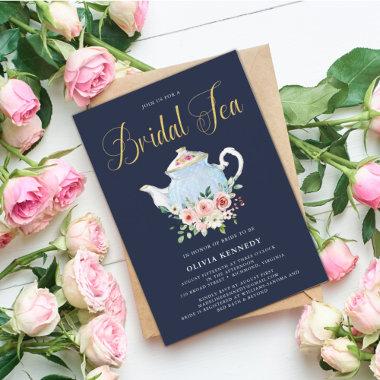 Bridal Shower Tea Elegant Blush Floral Gold Invitations