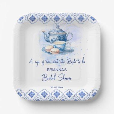 Bridal shower tea party blue tiles tea pot paper plates
