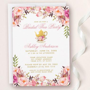 Bridal Shower Tea Party Gold Pink Floral Invitations