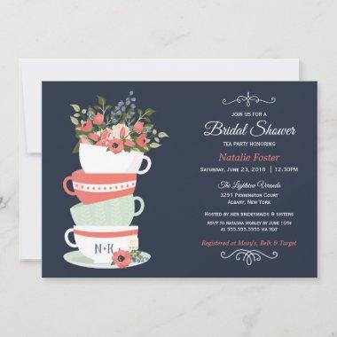 Bridal Shower Tea Party Invitations | Navy & Coral