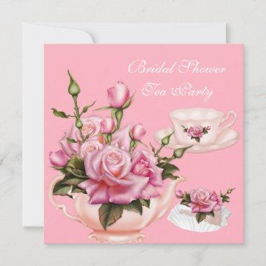 Bridal Shower Tea Party Pink Rose Teapot 2 Invitations