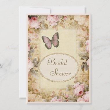 Bridal Shower Vintage Pearls Lace Roses Butterfly Invitations