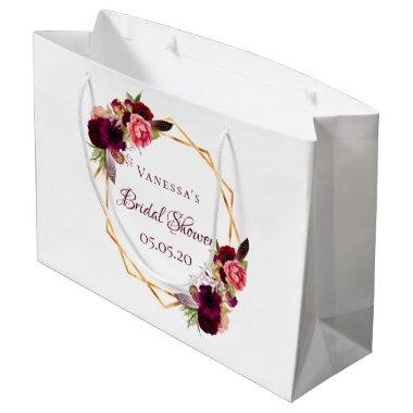 Bridal Shower watercolored florals burgundy gold Large Gift Bag