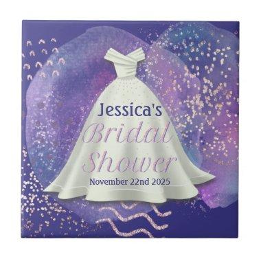 Bridal Shower Wedding Gown Purple & Rose Gold Glam Ceramic Tile