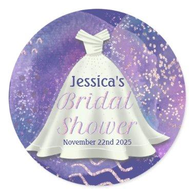 Bridal Shower Wedding Gown Purple & Rose Gold Glam Classic Round Sticker