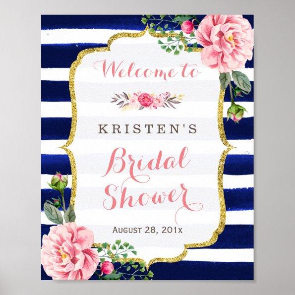 Bridal Shower Welcome Sign Pink Floral Navy Stripe