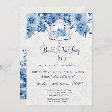 Bridal Tea Party Navy Blue White Floral Teapot Art Invitations