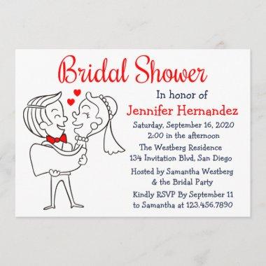 Bride And Groom Cartoon Red & White Bridal Shower Invitations