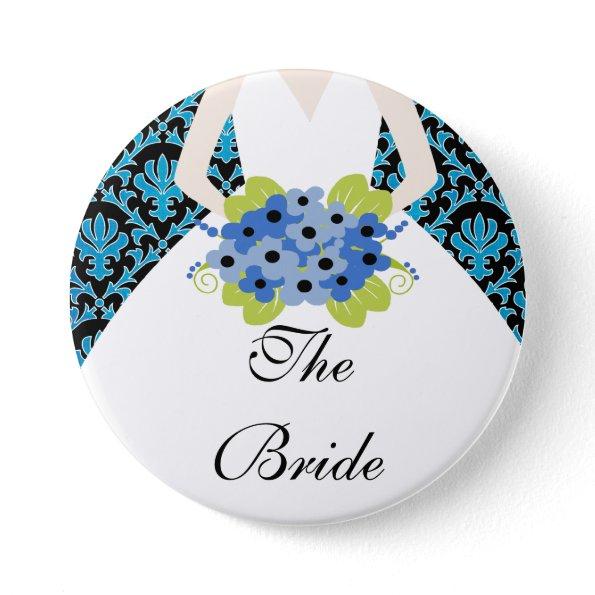 Bride Bridal Party Button / Pin Damask Royal Blue