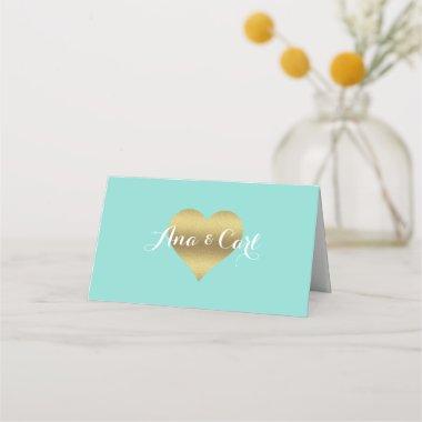 BRIDE & CO Gold Heart Teal Blue Thank You Place Invitations