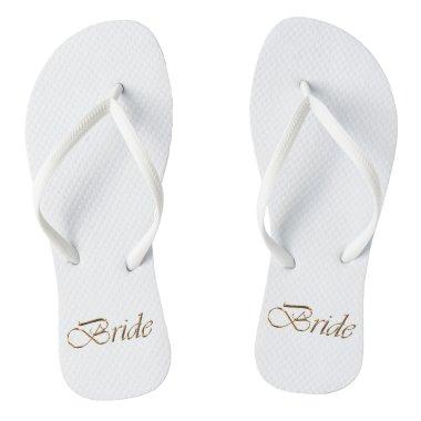 Bride, gold script elegant chic white wedding flip flops
