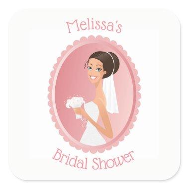 Bride in a Veil Holding Flowers Bridal Shower Square Sticker