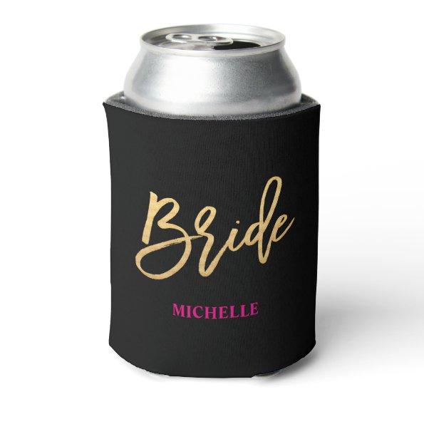 Bride Script Black/Gold/Hot Pink Personalized Can Cooler