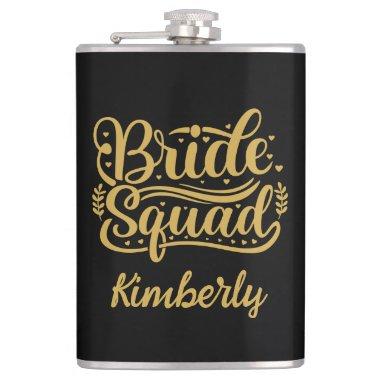 Bride Squad Black and Gold Word Art Personalized Flask