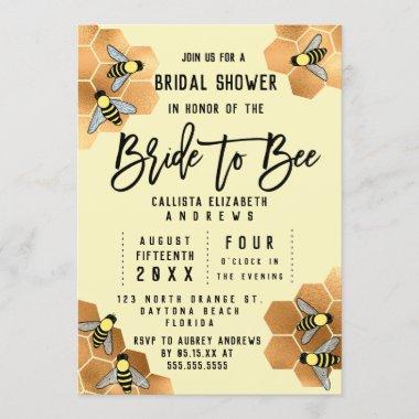 Bride to Bee Quote Gold Honeycomb Bridal Shower Invitations