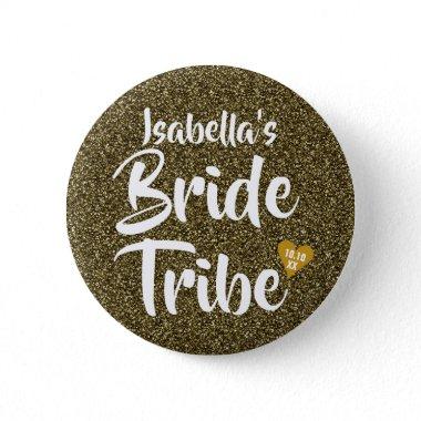 Bride Tribe Gold Date Heart Personalized Glitter Button