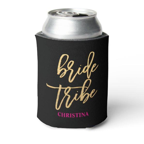 Bride Tribe Script Black/Gold/Hot Pink Personalize Can Cooler
