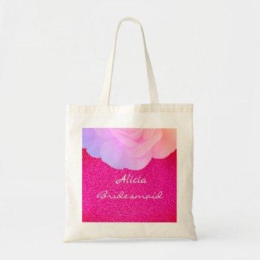 Bridesmaid Pink Glittery Rose Gold Name Floral Tote Bag