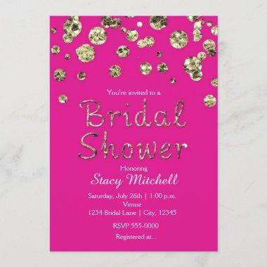 Bright Pink Gold Glitter Bridal Shower Invitations