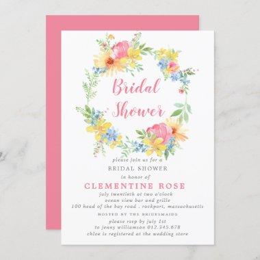 Bright Summer Pink Floral Watercolor Bridal Shower Invitations