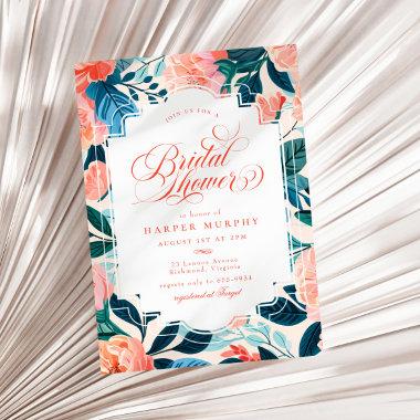 Bright Tropical Orange Teal Floral Bridal Shower Invitations