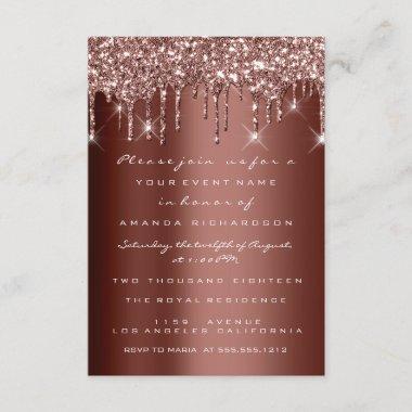 Brown Glitter Drips Rose 60th 70th Birthday Lux Invitations