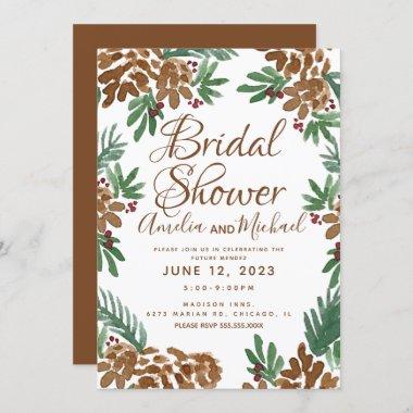 Brown Pinecones Watercolor Greenery Bridal Shower Invitations