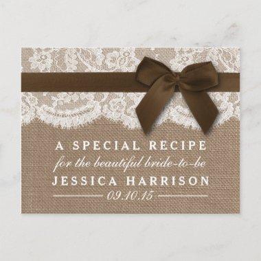 Brown Ribbon On Burlap & Lace Bridal Shower Recipe Invitation PostInvitations