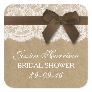Brown Ribbon On Kraft & Lace Bridal Shower Square Sticker